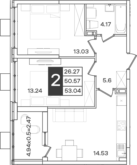2-комн., 50.57 м², 7/9 этаж, ЖК «Сюжеты»