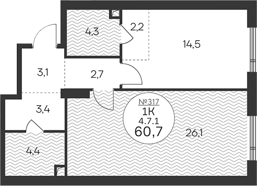 1-комн., 60.7 м², 7/33 этаж, ЖК «Клубный квартал КРЫЛАТСКАЯ 33»