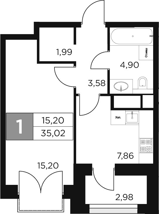 1-комн., 33.53 м², 8/8 этаж, ЖК «Восток 2»