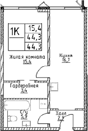 1-комн., 44.3 м², 20/29 этаж, ЖК «Наметкин Тауэр»
