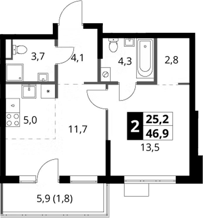 2-комн., 45.1 м², 6/6 этаж, ЖК «1-й Ясеневский»