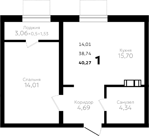 1-комн., 38.74 м², 5/16 этаж, ЖК «Твин парк»