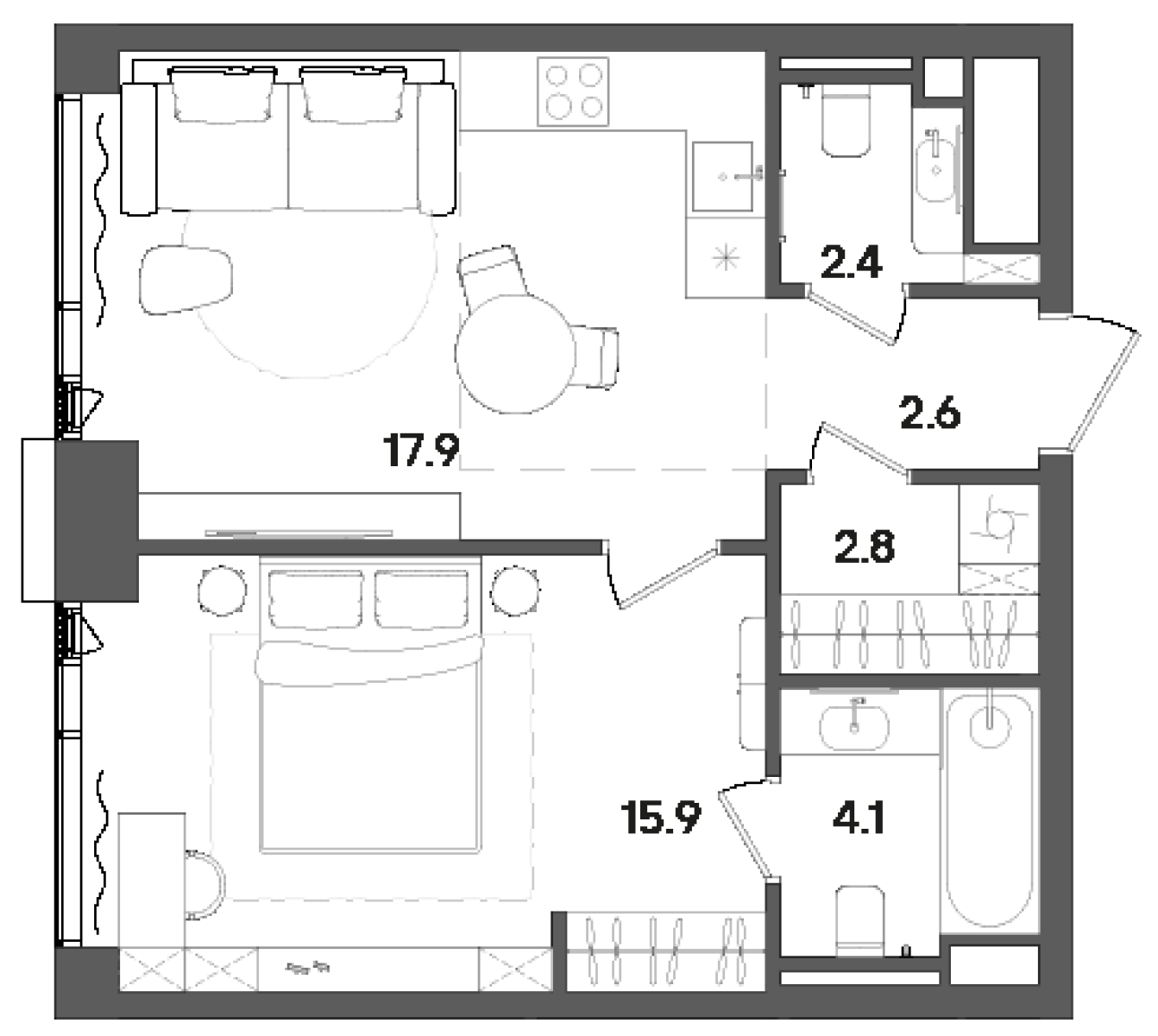 2-комн., 47.1 м², 35/45 этаж, ЖК «СТОУН Грэйн»