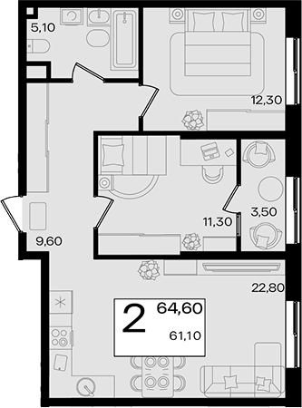3-комн. квартира, 61.1 м² в ЖК Патрики — фото 2