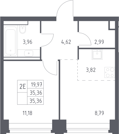 2-комн., 35.36 м², 22/32 этаж, ЖК «НОВА»