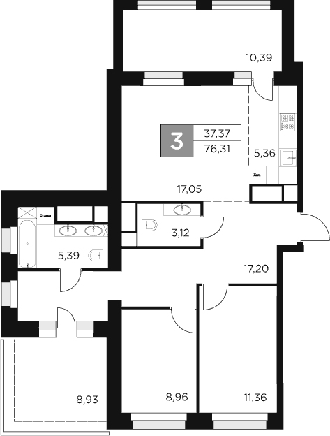 3-комн., 66.64 м², 14/15 этаж, ЖК «Восток 2»