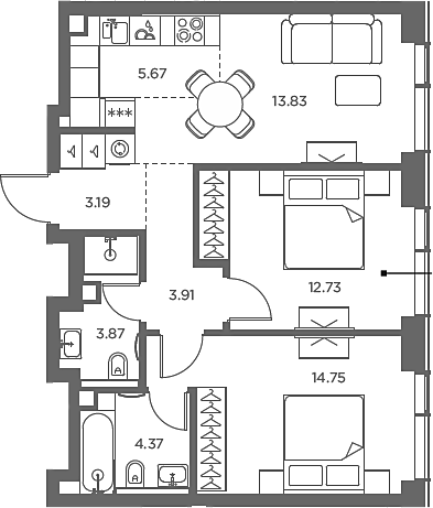 3-комн., 62.32 м², 27/49 этаж, ЖК «TATE»