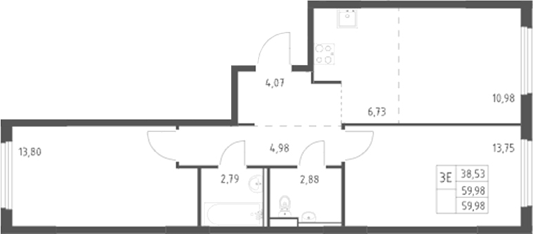 3-комн., 59.98 м², 8/17 этаж, ЖК «Пригород Лесное»