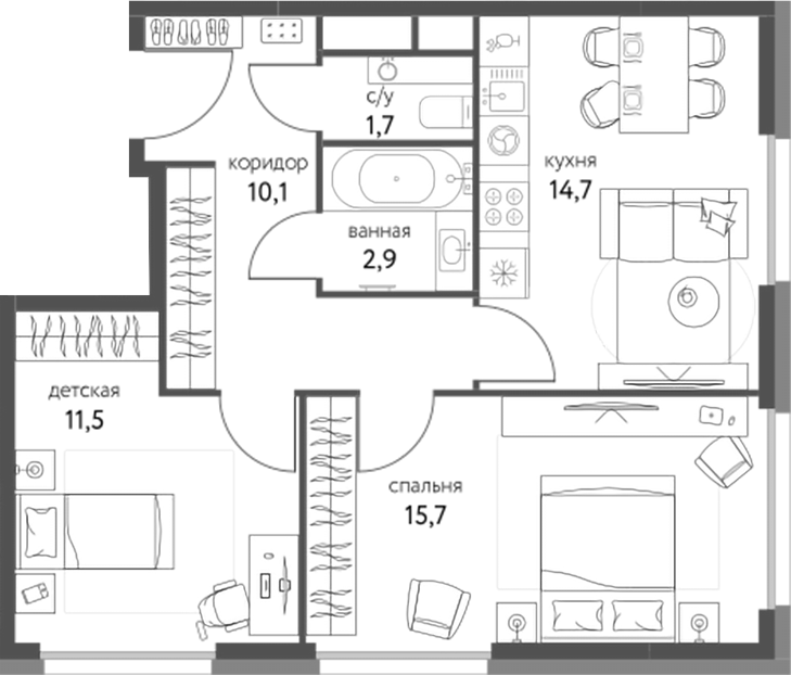 2-комн., 56.6 м², 21/25 этаж, ЖК «Сиреневый парк»