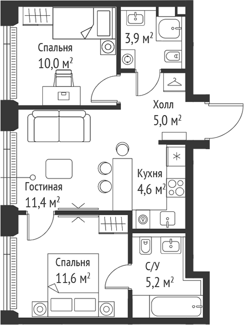 3-комн., 51.6 м², 23/28 этаж, ЖК «СЕТ»