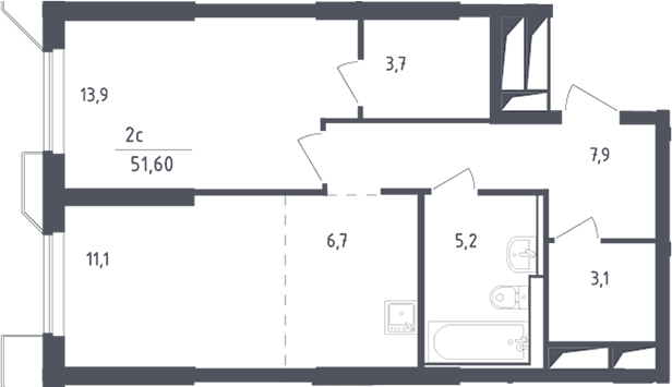 2-комн., 51.6 м², 12/30 этаж, ЖК «Скай Спутник»