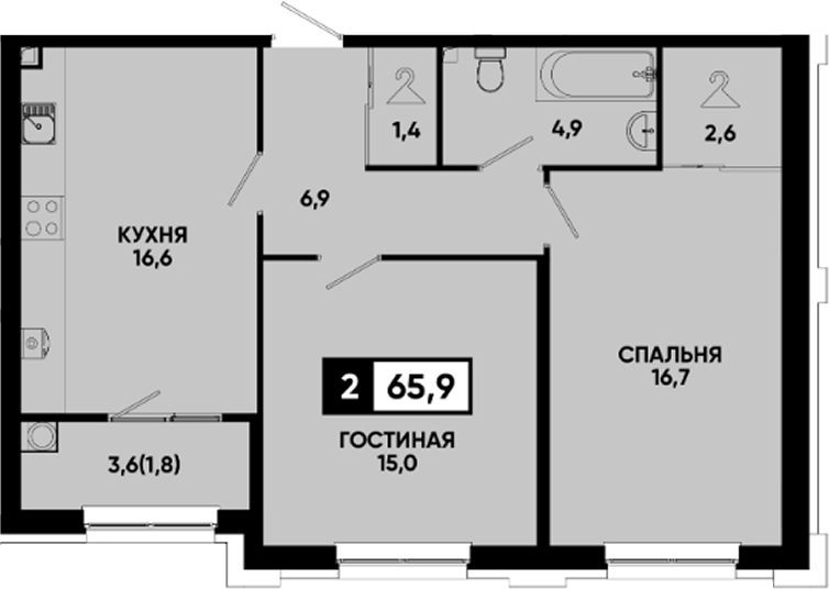2-комн., 64.1 м², 2/9 этаж, ЖК «Квартал на курорте Моя Легенда»