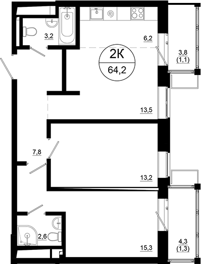 3-комн., 61.8 м², 21/21 этаж, ЖК «Союзный»
