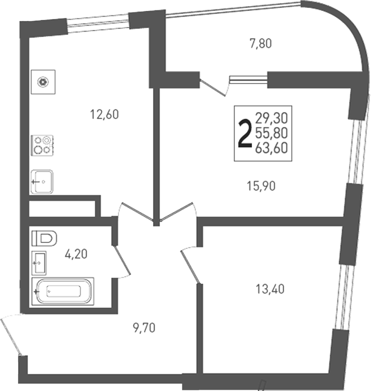 2-комн. квартира, 55.8 м² в ЖК ЖК «Кубанская Крепость» — фото 2