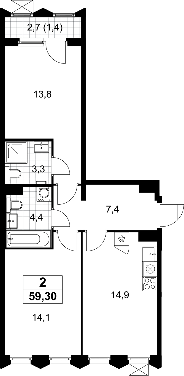 3-комн., 57.9 м², 9/11 этаж, ЖК «Деснаречье»