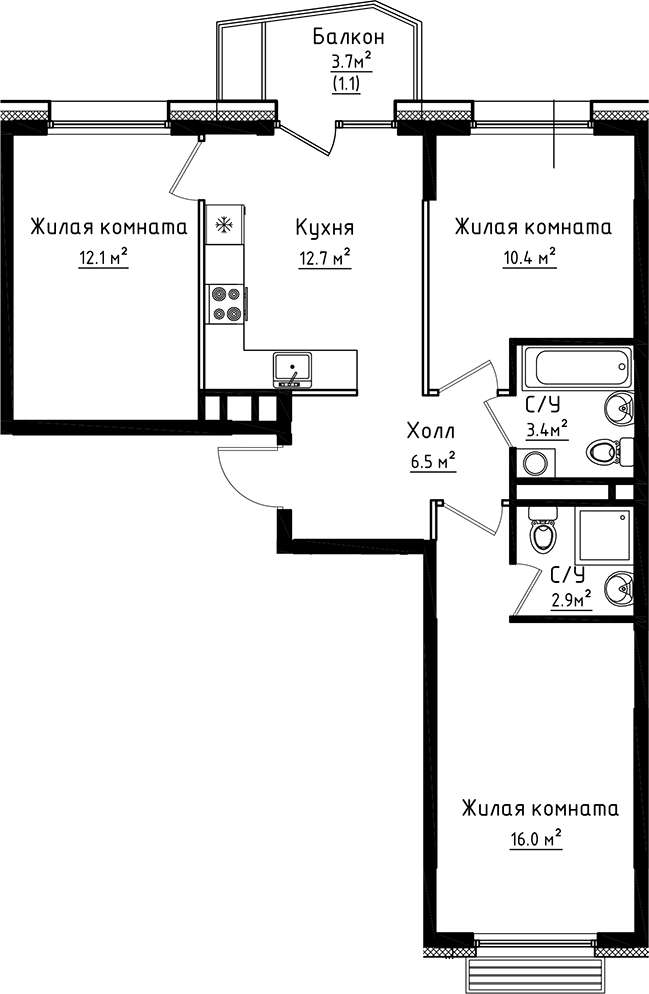 3-комн., 64 м², 4/8 этаж, ЖК «Коллекция»