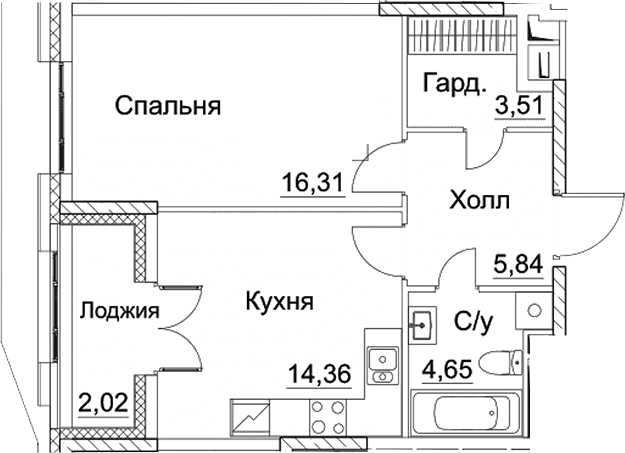 1-комн., 44.67 м², 14/16 этаж, ЖК «СЕЗАР СИТИ»