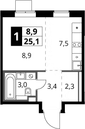 Студия, 25.1 м², 3/12 этаж, ЖК «1-й Химкинский»