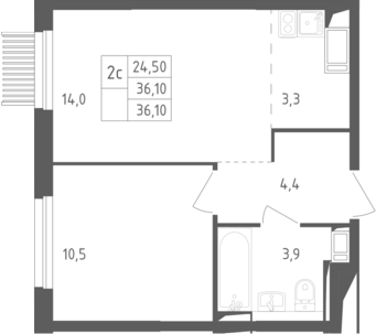 2-комн., 36.1 м², 7/17 этаж, ЖК «Мытищи Парк»