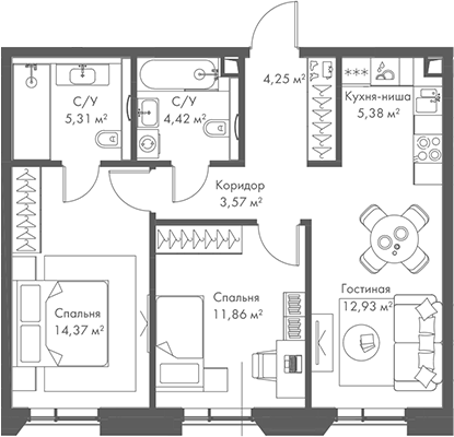 3-комн., 62.09 м², 8/22 этаж, ЖК «МИРА»