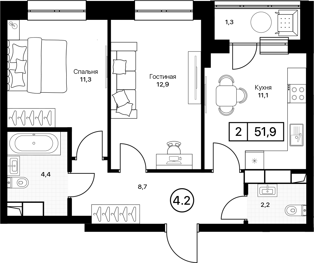 2-комн., 50.6 м², 9/17 этаж, ЖК «Пушкино Град»