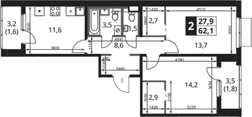 2-комн., 59.6 м², 6/8 этаж, ЖК «1-й Ясеневский»