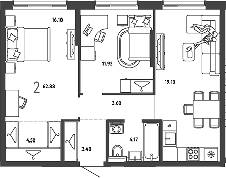 2-комн., 62.88 м², 12/18 этаж, ЖК «Страна.Парковая»