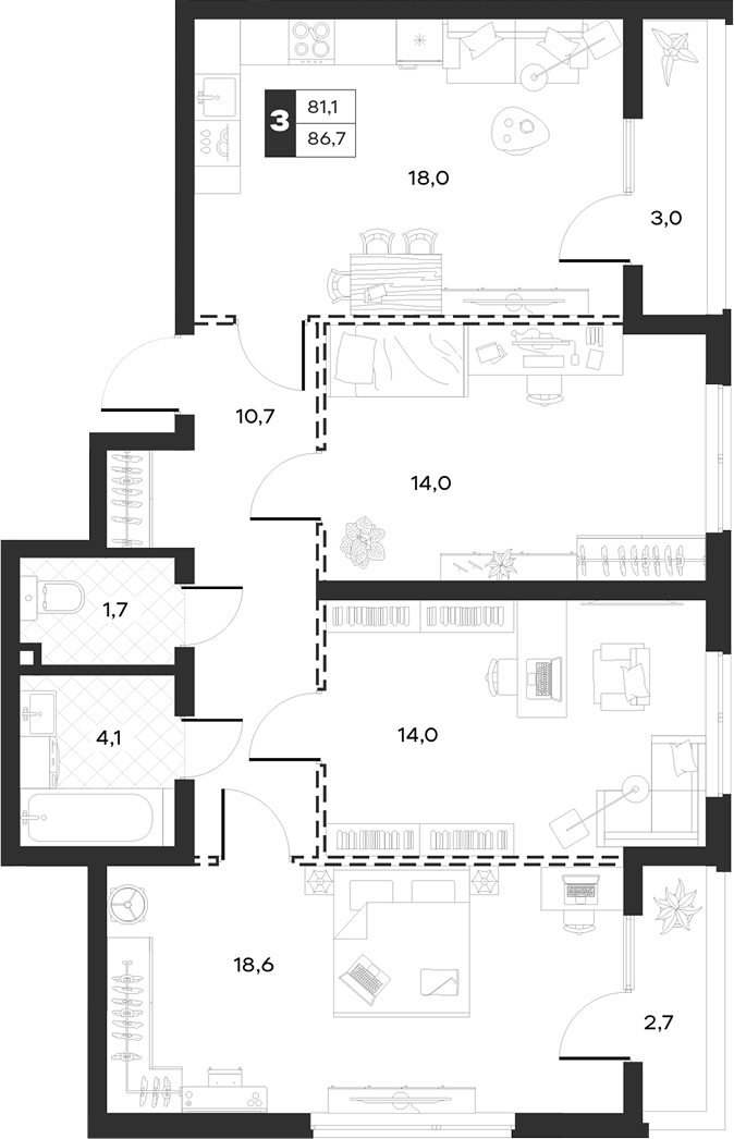 3-комн., 80.98 м², 2/20 этаж, ЖК «Луиджи»