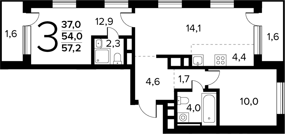 3-комн., 54 м², 3/7 этаж, ЖК «Новые Ватутинки Квартал у реки»