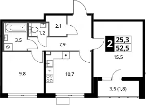2-комн., 51.8 м², 12/23 этаж, ЖК «Южная Битца»