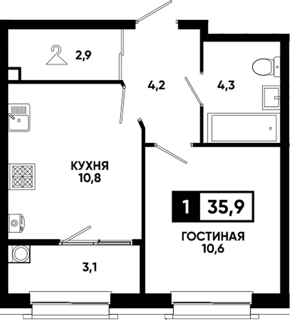 1-комн., 32.8 м², 2/12 этаж, ЖК «Кварталы 17/77»