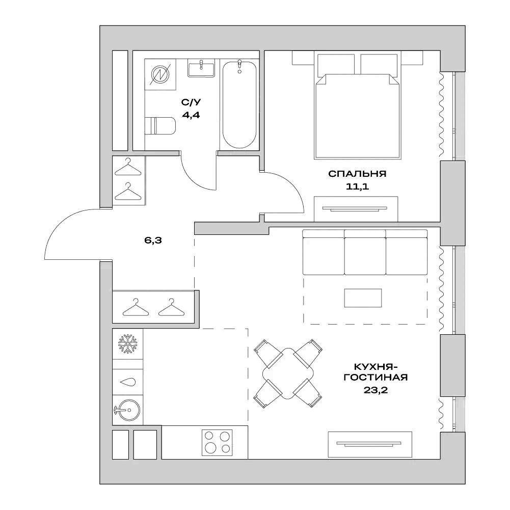2-комн., 45 м², 15/22 этаж, ЖК «Детали»