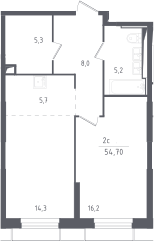 2-комн., 54.7 м², 21/28 этаж, ЖК «Скай Спутник»