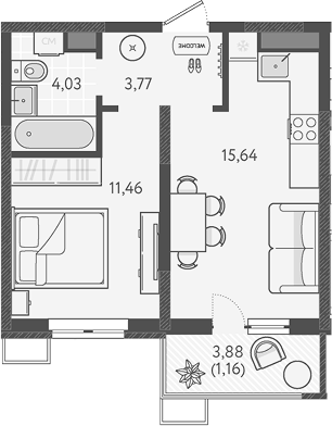 1-комн., 34.9 м², 2/9 этаж, ЖК «Теплые края»