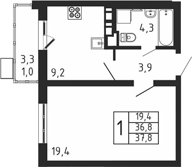 1-комн., 36.8 м², 6/9 этаж, ЖК «Пироговская ривьера. Мытищи»