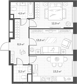 2-комн., 56.6 м², 2/12 этаж, ЖК «Аристов Берег»