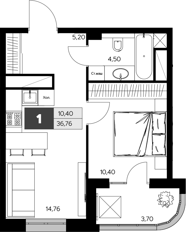 1-комн., 34.91 м², 6/9 этаж, ЖК «Ласточкино»
