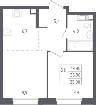 2-комн., 35.9 м², 2/16 этаж, ЖК «Ольховый квартал»