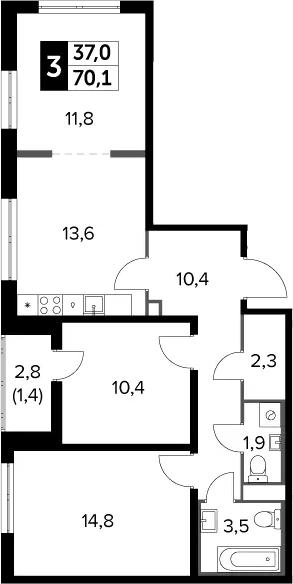 3-комн., 69.7 м², 16/24 этаж, ЖК «Южная Битца»