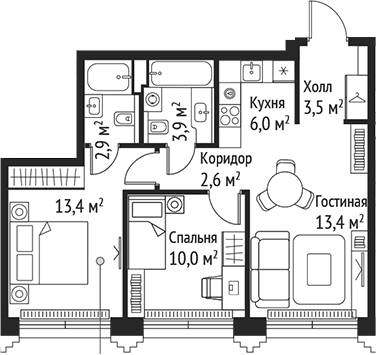 3-комн., 55.7 м², 36/59 этаж, ЖК «СЕТ»
