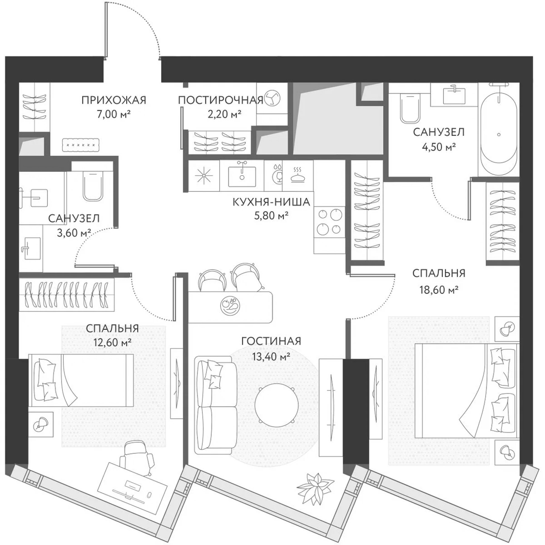 3-комн., 69.4 м², 8/49 этаж, ЖК «ХАЙДАУТ»