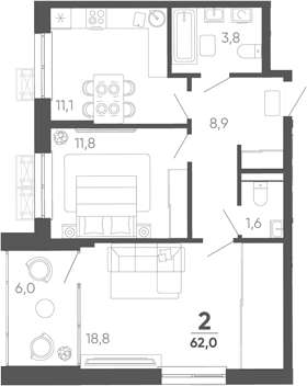 2-комн. квартира, 56 м² в ЖК Барса — фото 2
