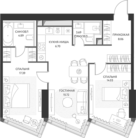 3-комн., 70.48 м², 6/49 этаж, ЖК «ХАЙДАУТ»