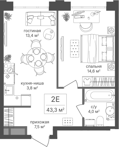 2-комн., 43.3 м², 3/18 этаж, ЖК «Михалковский»