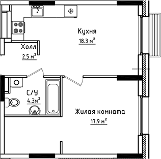 1-комн., 43 м², 1/6 этаж, ЖК «Коллекция»