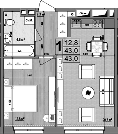 2-комн., 43 м², 3/18 этаж, ЖК «Гранд Комфорт»