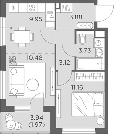 2-комн., 42.32 м², 15/23 этаж, ЖК «Одинград, квартал Семейный»