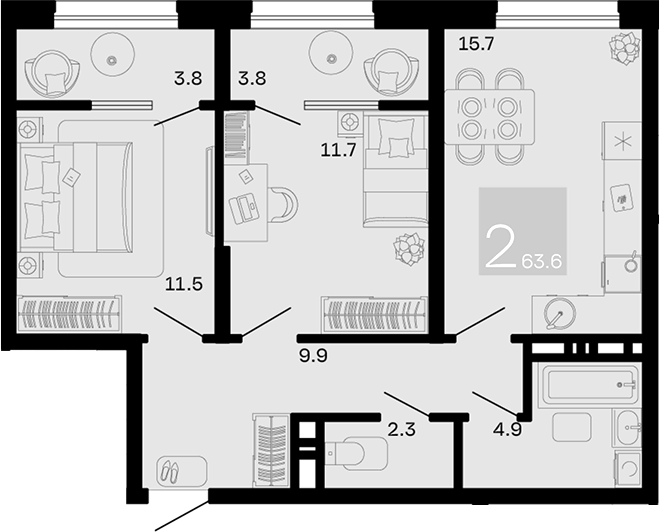 2-комн. квартира, 56 м² в ЖК Хозяин Морей — фото 2
