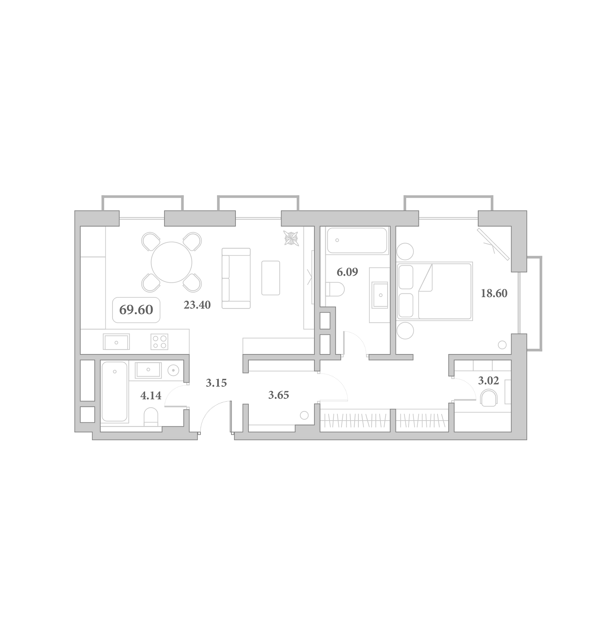2-комн. квартира, 64.2 м² в ЖК Граф Толстой — фото 2