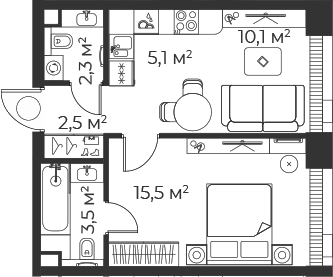 2-комн., 38.9 м², 52/71 этаж, ЖК «Веер»